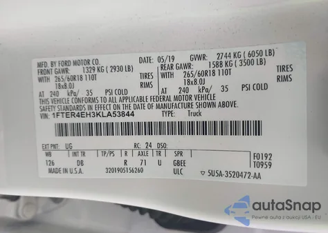 2019 Ford Ranger Lariat из США, поврежденный, VIN 1FTER4EH3KLA53844